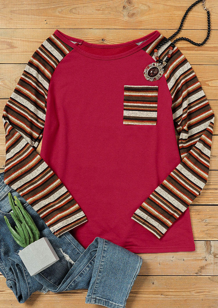 Striped Splicing Pocket Long Sleeve Sweatshirt - Burgundy