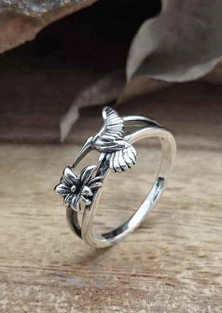 

Vintage Hummingbird Floral Hollow Out Ring, Silver, 512349