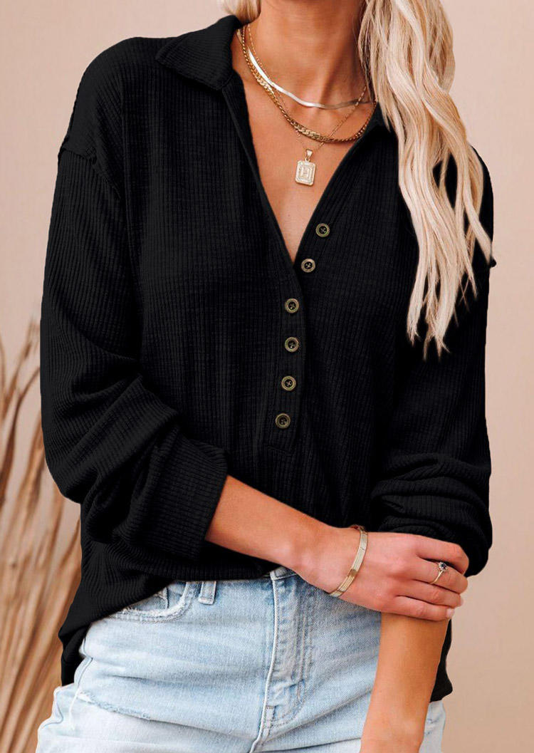 

Button Long Sleeve V-Neck Blouse - Black, 512354