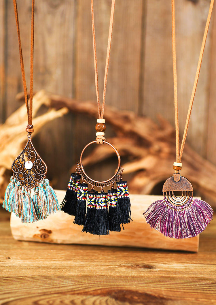 

3Pcs Floral Tassel Hollow Out Geometric Pendant Necklace, Pattern2, 512364