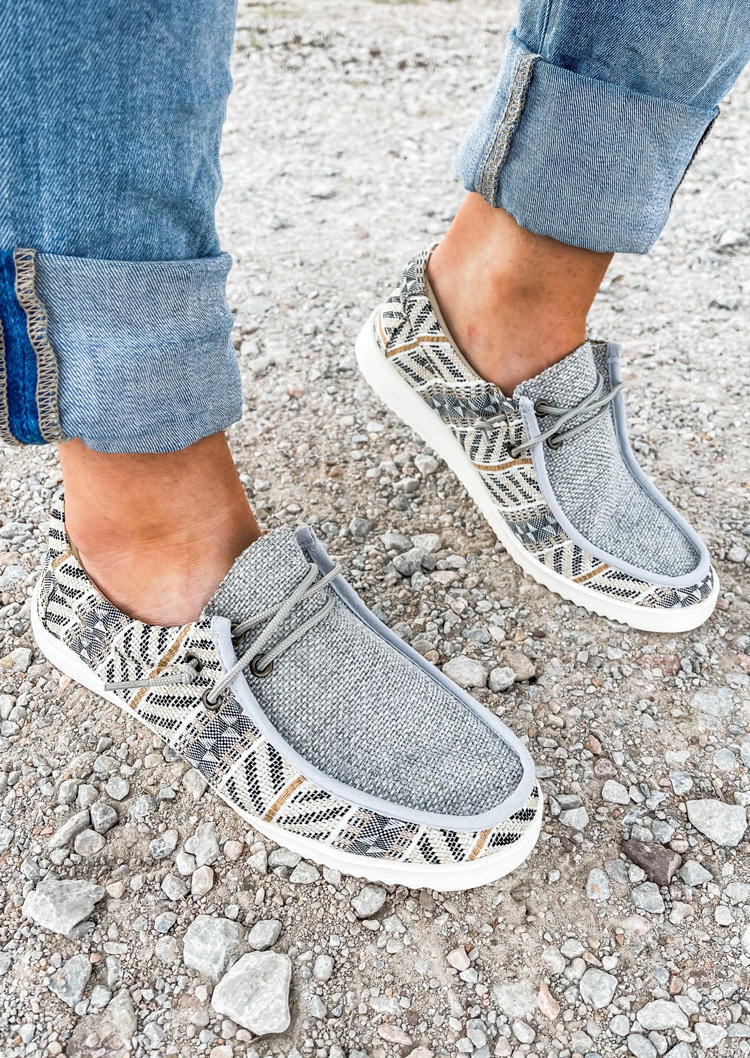 Aztec Geometric Western Slip On Flat Sneakers - Gray, 512386