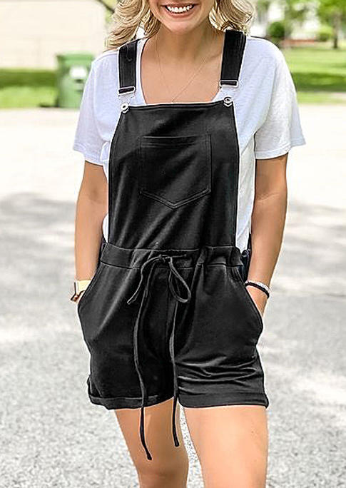

Pocket Drawstring Sleevess Overall Romper - Black, 512401