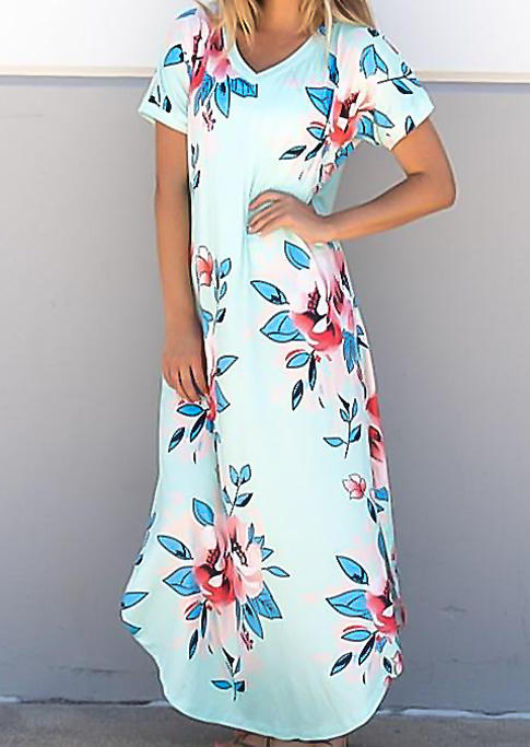 

Floral Slit Short Sleeve V-Neck Maxi Dress - Light Blue, 512402