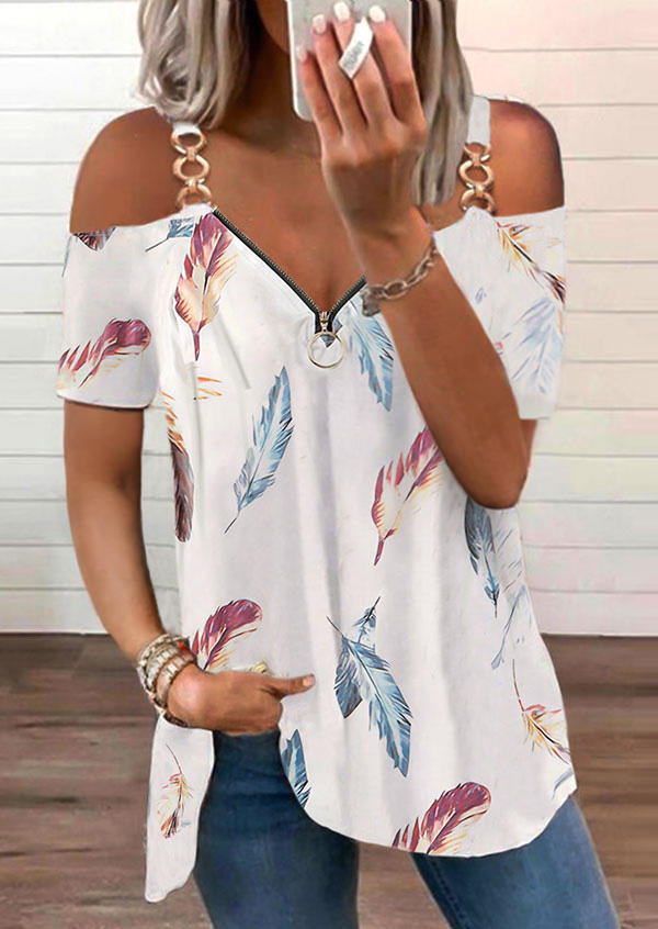 

Feather Zipper Collar Chain Strap Blouse - White, 510530