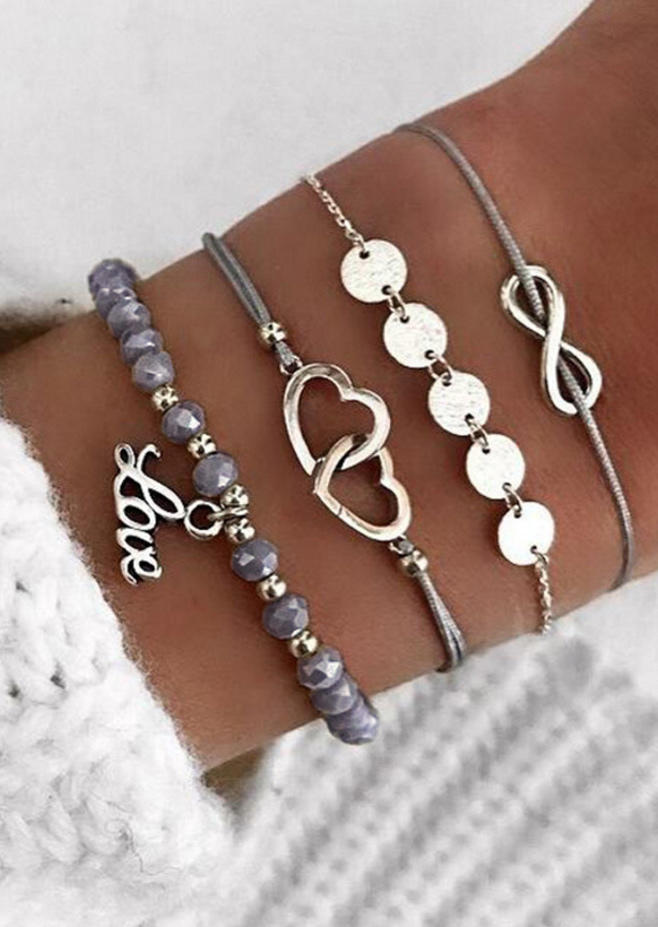 

4Pcs Love Heart Beading Disc Bracelet Set, Silver, 510967