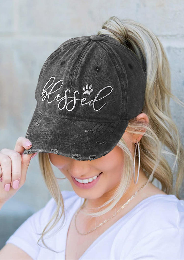 

Blessed Dog Paw Hollow Out Washed Distressed Baseball Cap, Black;navy blue, 511132