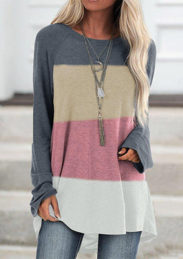 

Color Block Raglan Sleeve O-Neck Asymmetric T-Shirt Tee, Multicolor, 511955