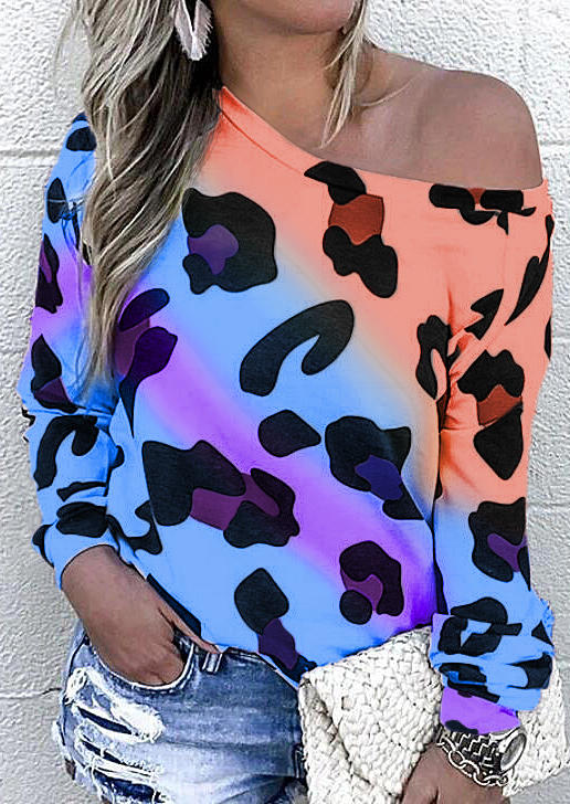 

Colorful Leopard Color Block Long Sleeve Blouse, Multicolor, 512251