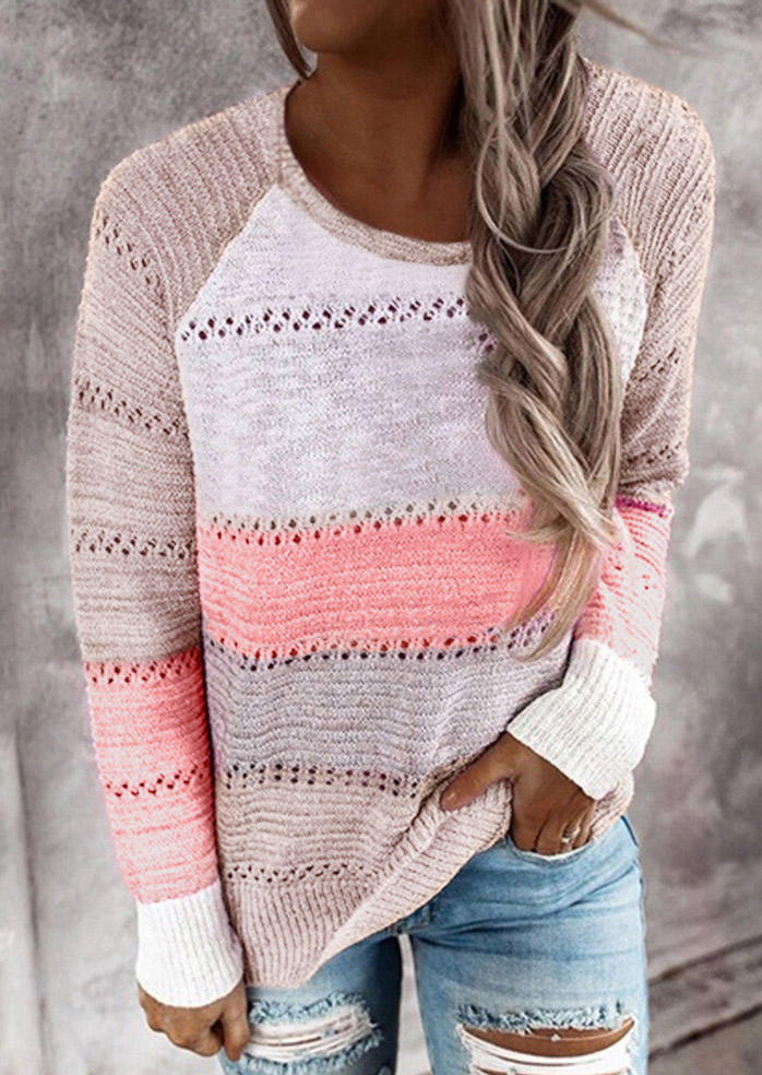 

Hollow Out Color Block Sweater - Pink, 512320