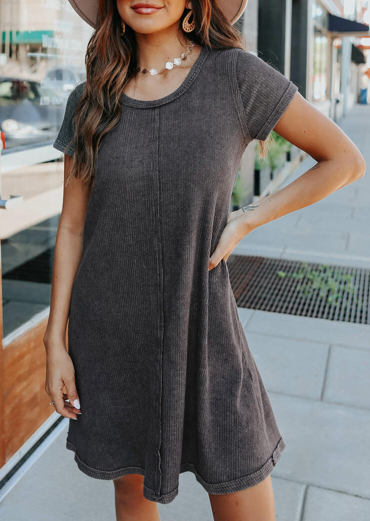 Short Sleeve O-Neck Casual Mini Dress - Gray