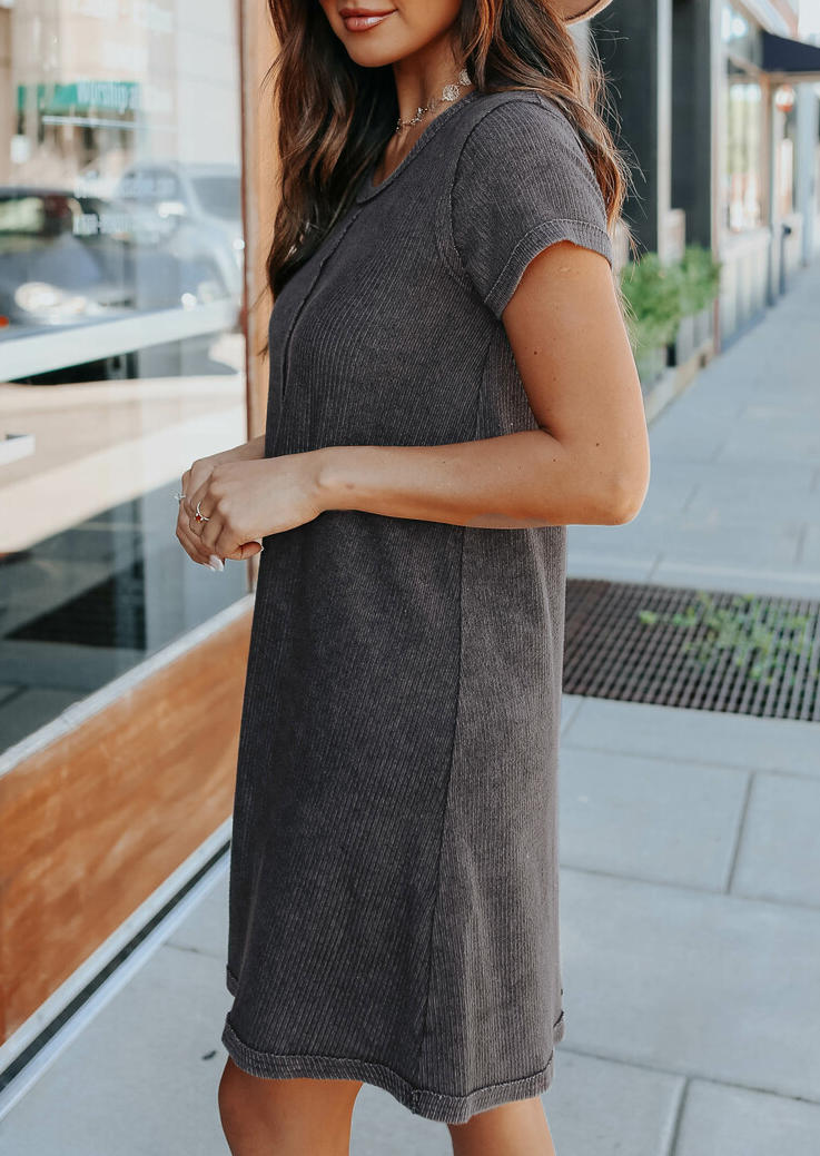 Short Sleeve O-Neck Casual Mini Dress - Gray