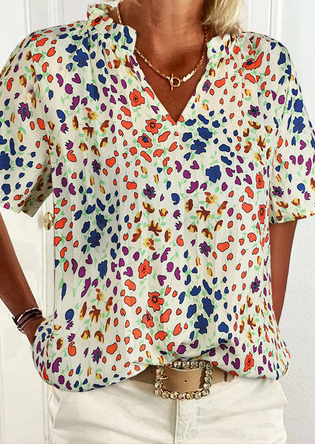 

Colorful Floral Notched Neck Blouse, Multicolor, 512339