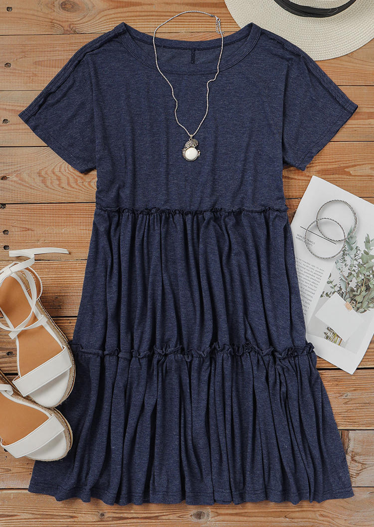 Ruffled O-Neck Short Sleeve Mini Dress - Deep Blue
