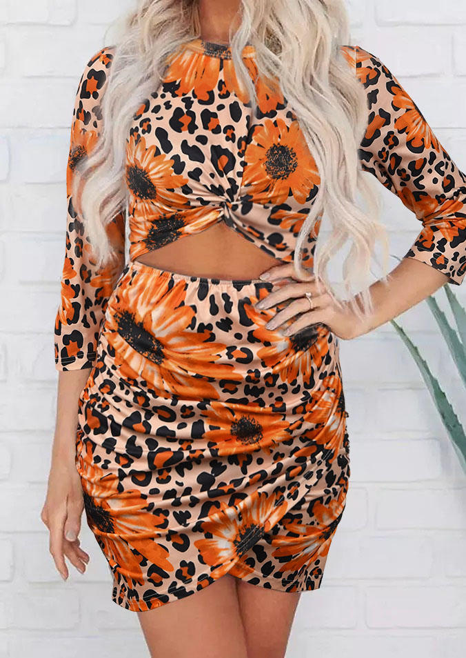 

Sunflower Leopard Twist Hollow Out Bodycon Dress, Multicolor, 512343