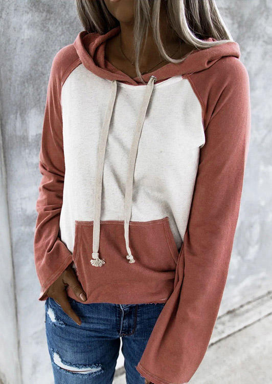 

Color Block Drawstring Kangaroo Pocket Hoodie - Brick Red, 512369
