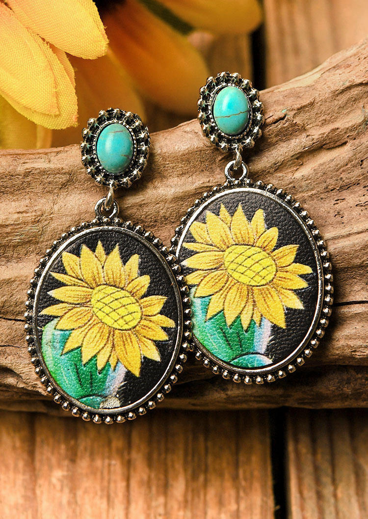 

Vintage Sunflower Turquoise Cactus Alloy Earrings, Multicolor, 512370