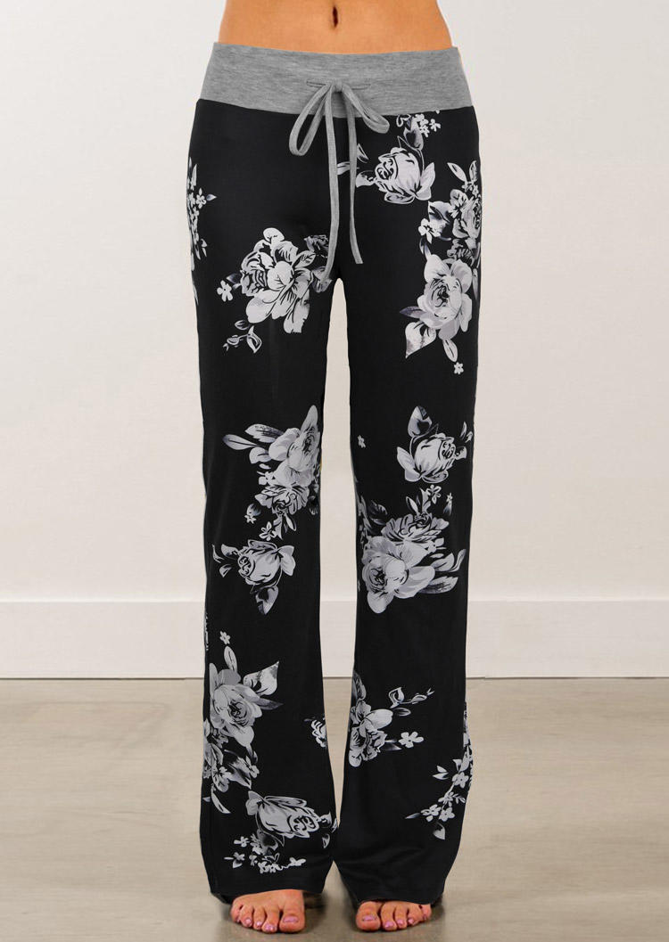 

Floral Drawstring Wide Leg Pants - Black, 512376