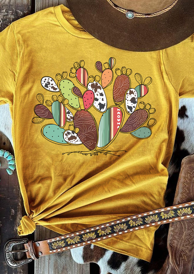 

Western Cactus Cow O-Neck T-Shirt Tee - Yellow, 512393