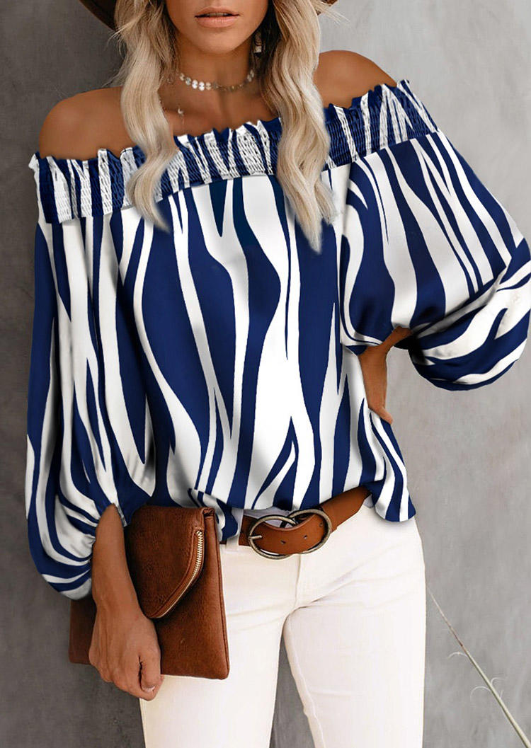

Striped Elastic Cuff Long Sleeve Off Shoulder Blouse - Blue, 512420