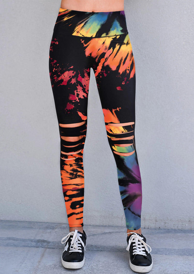

Reverse Tie Dye Rainbow Hollow Out High Waist Leggings, Multicolor, 512421