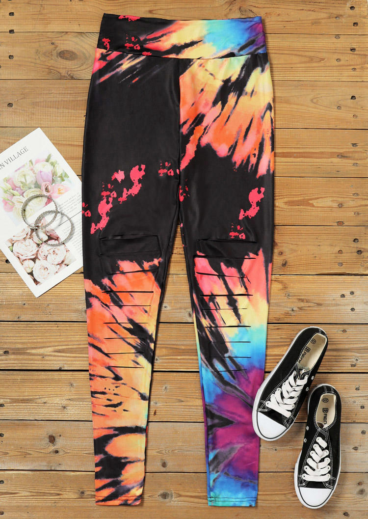 Buy Reverse Tie Dye Rainbow Hollow Out High Waist Leggings. Picture