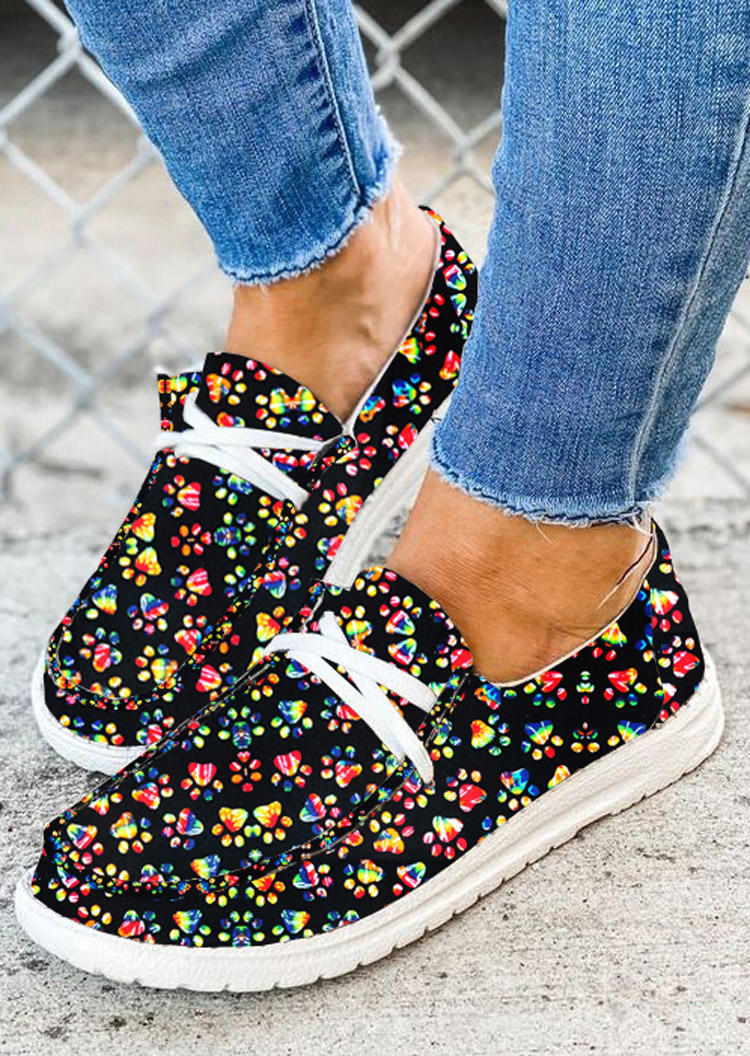 

Tie Dye Dog Paw Lace Up Round Toe Flat Sneakers, Multicolor, 512447