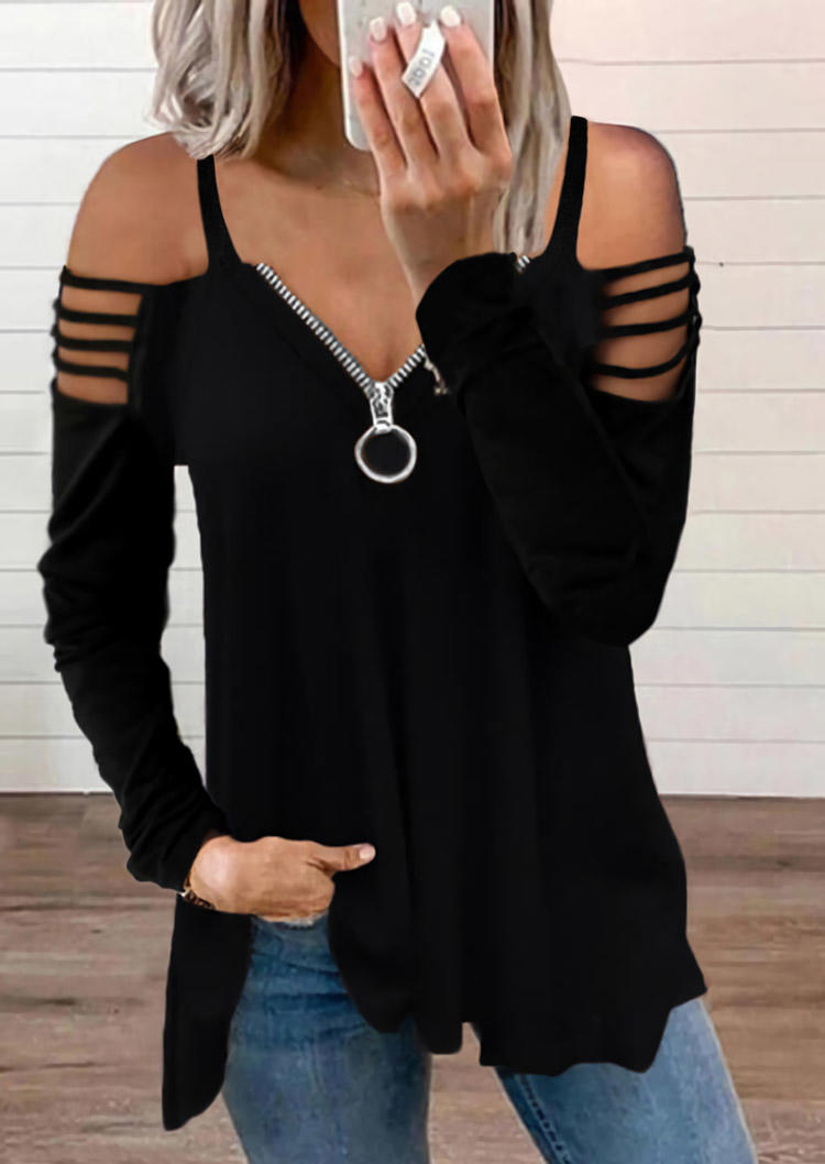 

Zipper Hollow Out Cold Shoulder Blouse - Black, 512452