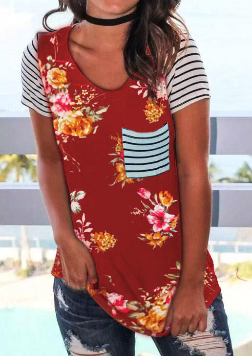 

Floral Striped Pocket O-Neck Blouse - Burgundy, 512518