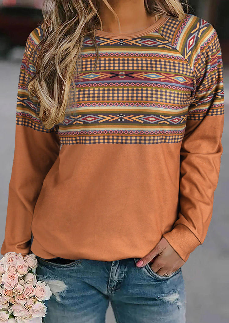 

Aztec Geometric Plaid Splicing Long Sleeve Sweatshirt - Brown, 511003