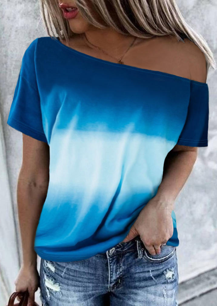 

Gradient Slash Neck Short Sleeve Blouse - Blue, 511039