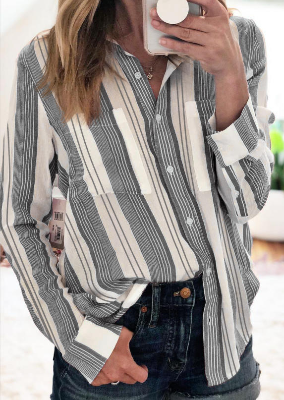 

Striped Button Pocket Long Sleeve Shirt, Multicolor, 511256