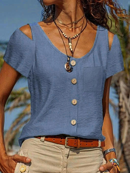 

Pocket Button Cold Shoulder Casual Blouse - Blue, 511275