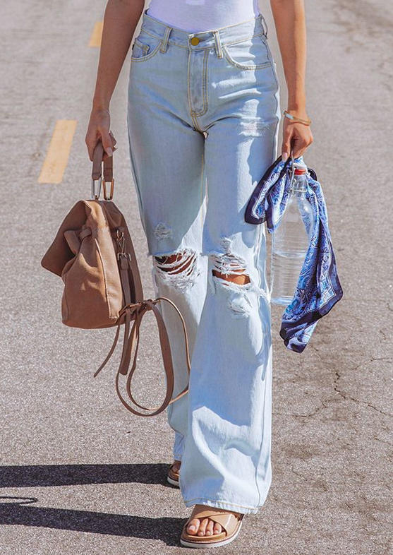 

Ripped Hole Pocket Button High Waist Denim Jeans - Light Blue, 512263