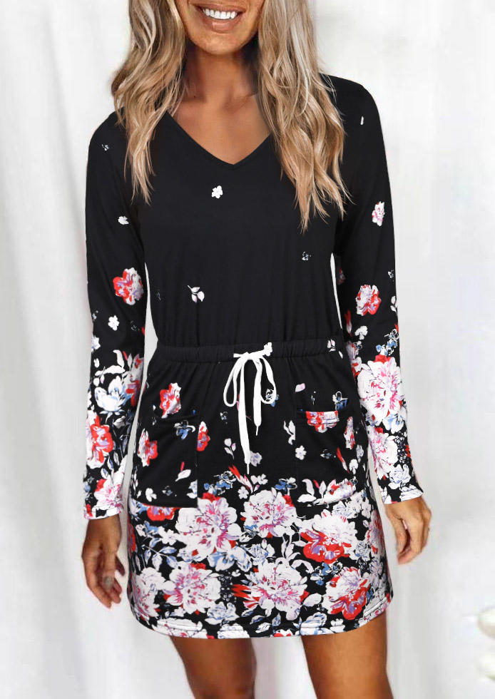 Floral Drawstring Long Sleeve Mini Dress - Black