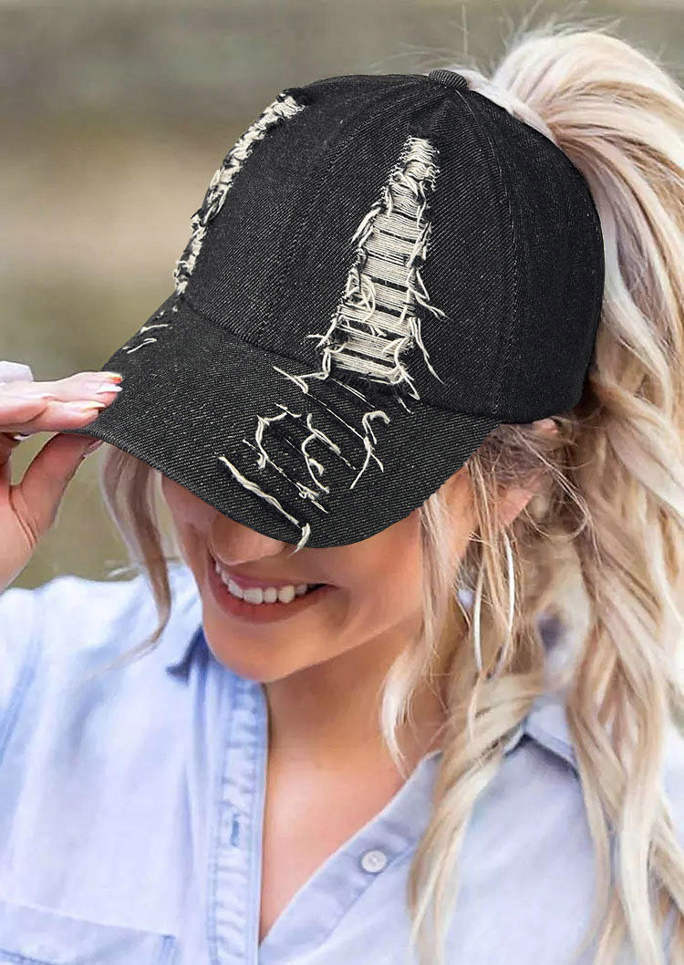 

Ripped Hole Hollow Out Ponytail Baseball Cap, Black, 512373