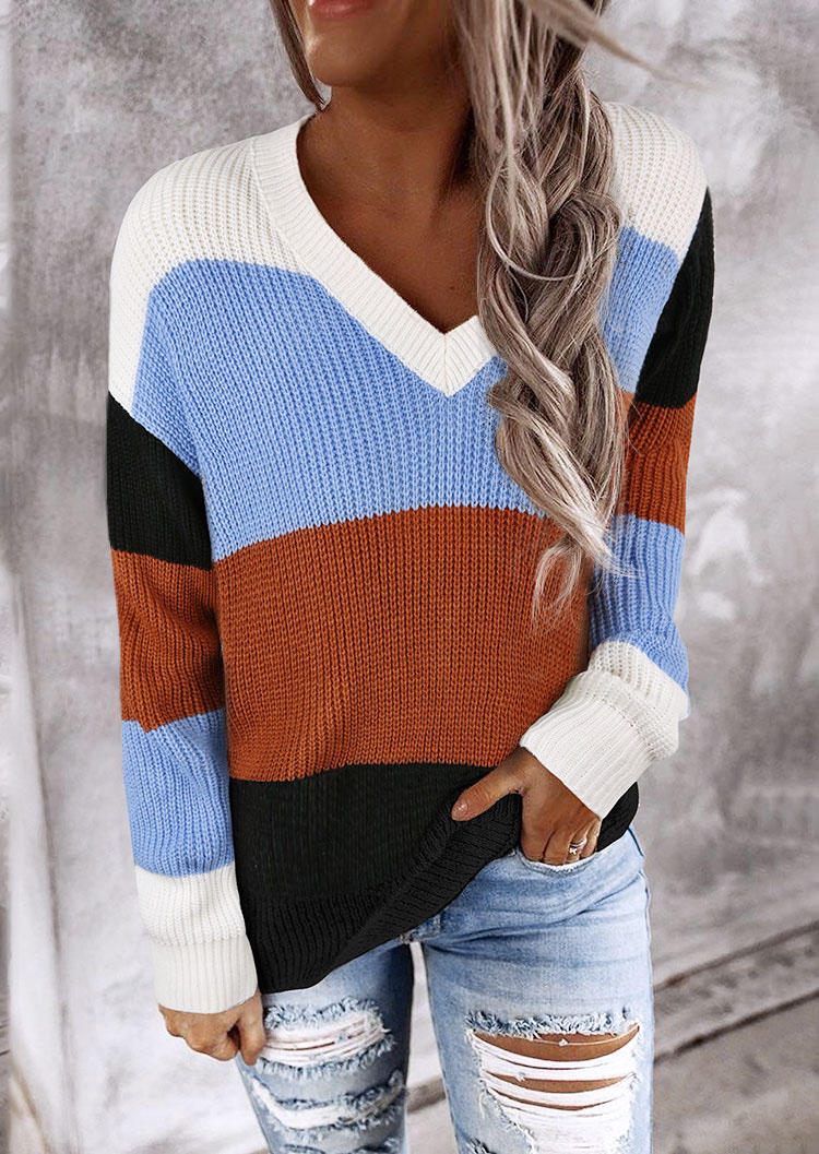 

Color Block Long Sleeve V-Neck Sweater, Multicolor, 512396