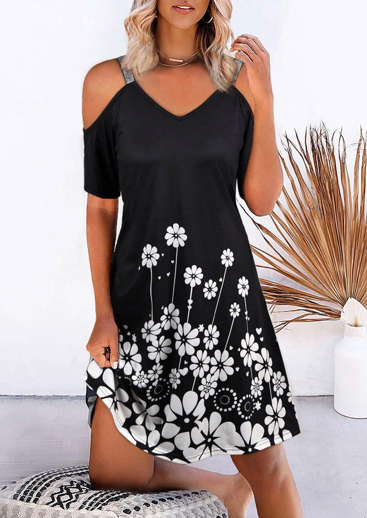 

Floral Cold Shoulder Short Sleeve Mini Dress - Black, 512399