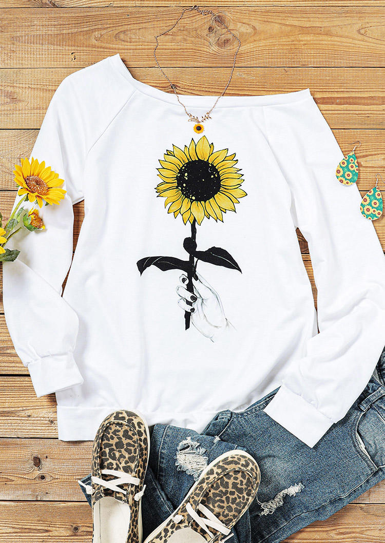 Sunflower Long Sleeve Slash Neck Sweatshirt - White