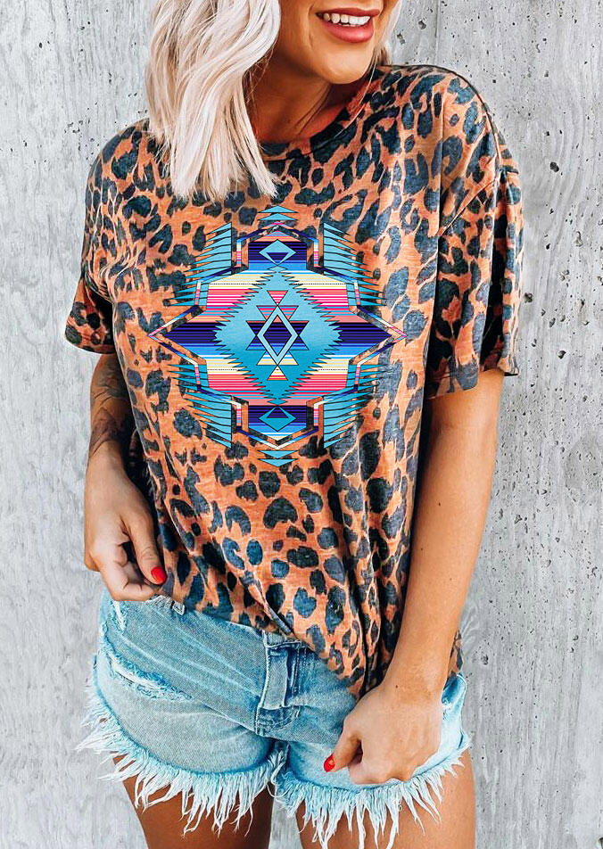

Leopard Aztec Geometric Western T-Shirt Tee, 512440