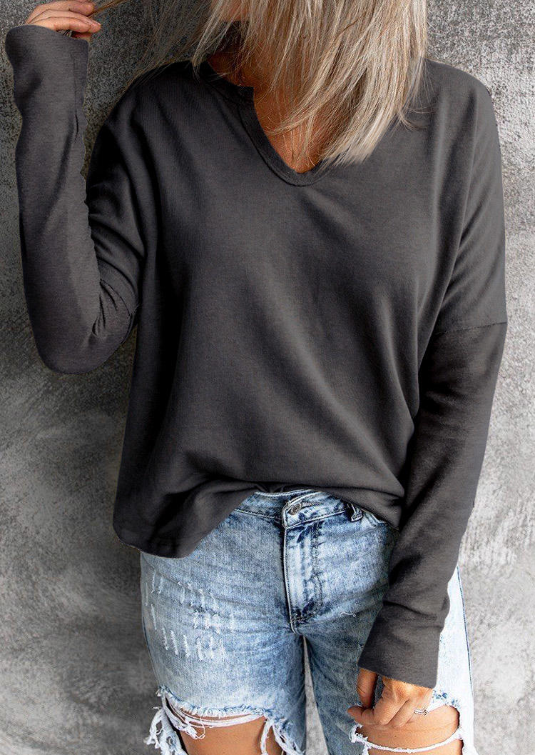 

Long Sleeve V-Neck Blouse - Dark Grey, Gray, 512442