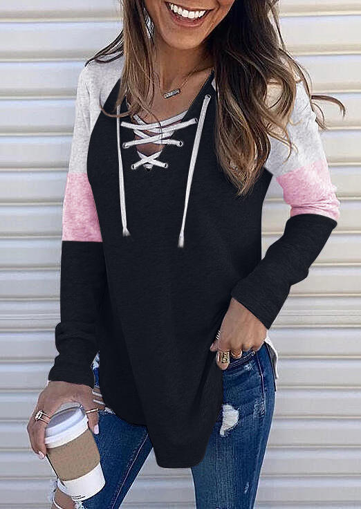 

Lace Up Color Block V-Neck Sweatshirt - Black, 512454