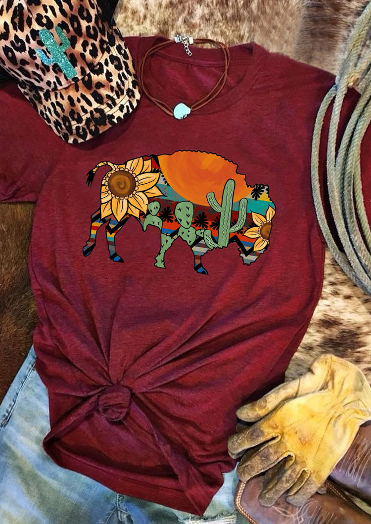 

Buffalo Serape Striped Cactus Sunflower T-Shirt Tee - Burgundy, 512462