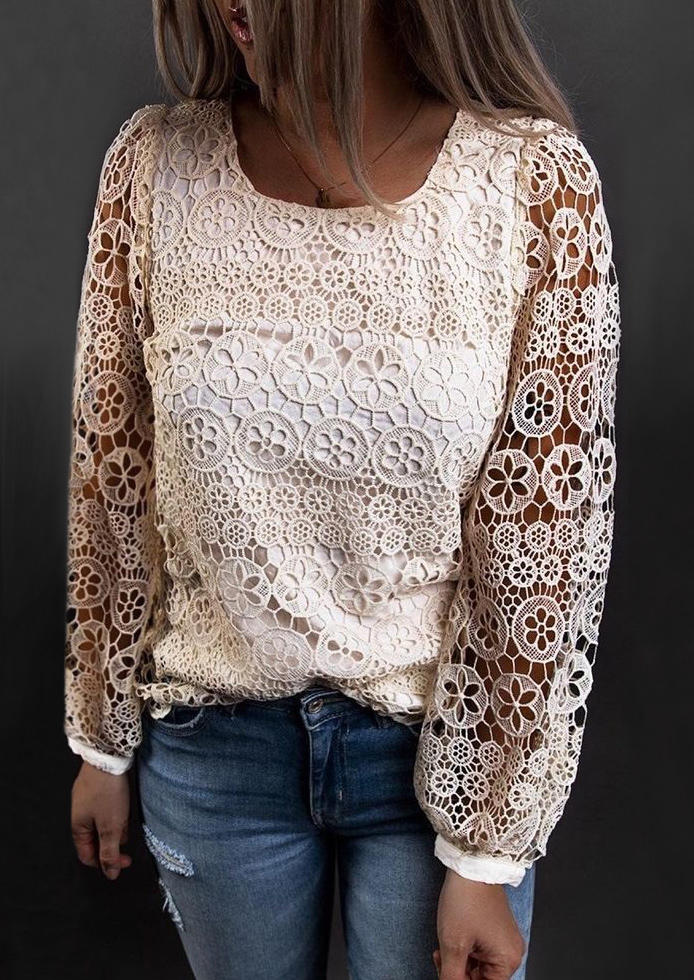 

Lace Hollow Out Button Long Sleeve O-Neck Blouse - Apricot, 512469