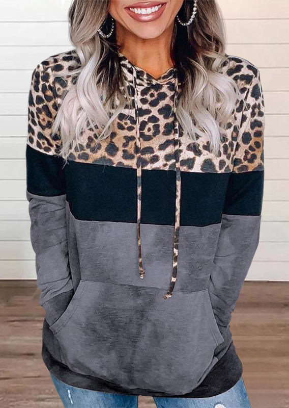 

Leopard Drawstring Kangaroo Pocket Pullover Hoodie - Dark Grey, 512502