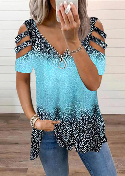 

Floral Gradient Zipper Collar Cold Shoulder Blouse - Light Blue, 512509