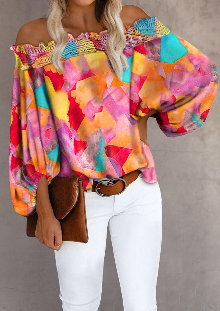 

Tie Dye Ruffled Elastic Cuff Off Shoulder Blouse, Multicolor, 512516