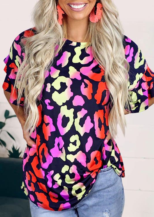 

Leopard Ruffled Flare Sleeve Blouse, Multicolor, 512547