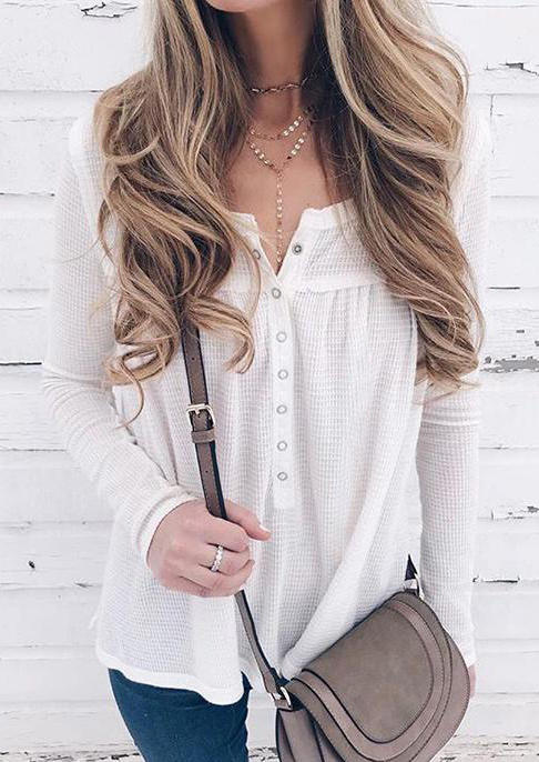 

Button Waffle Long Sleeve Blouse - White, 512553