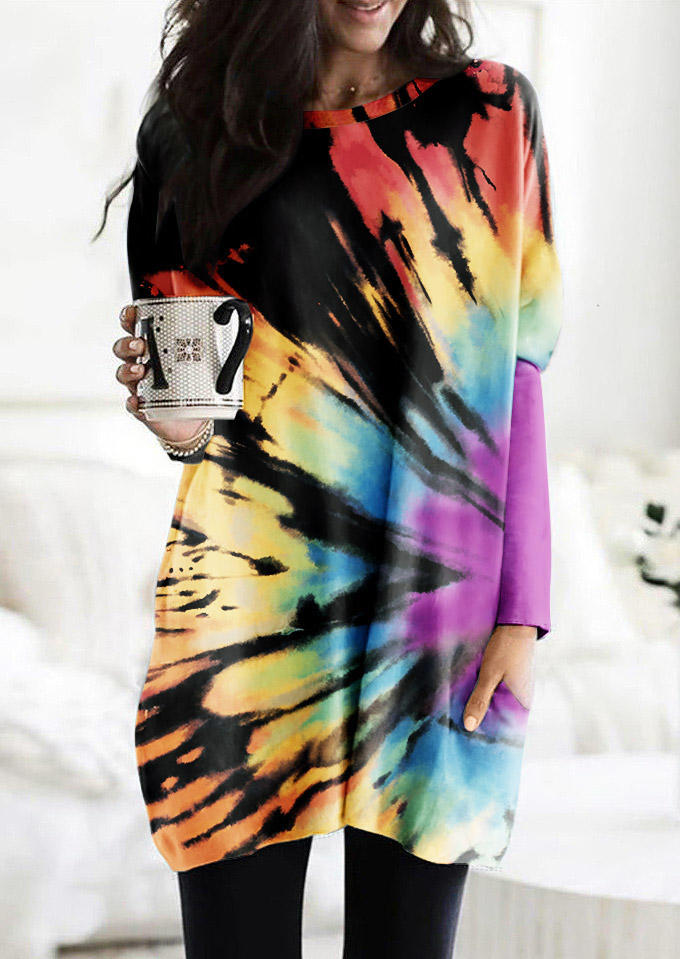 

Reverse Tie Dye Rainbow Pocket Long Sleeve Mini Dress, Multicolor, 512731