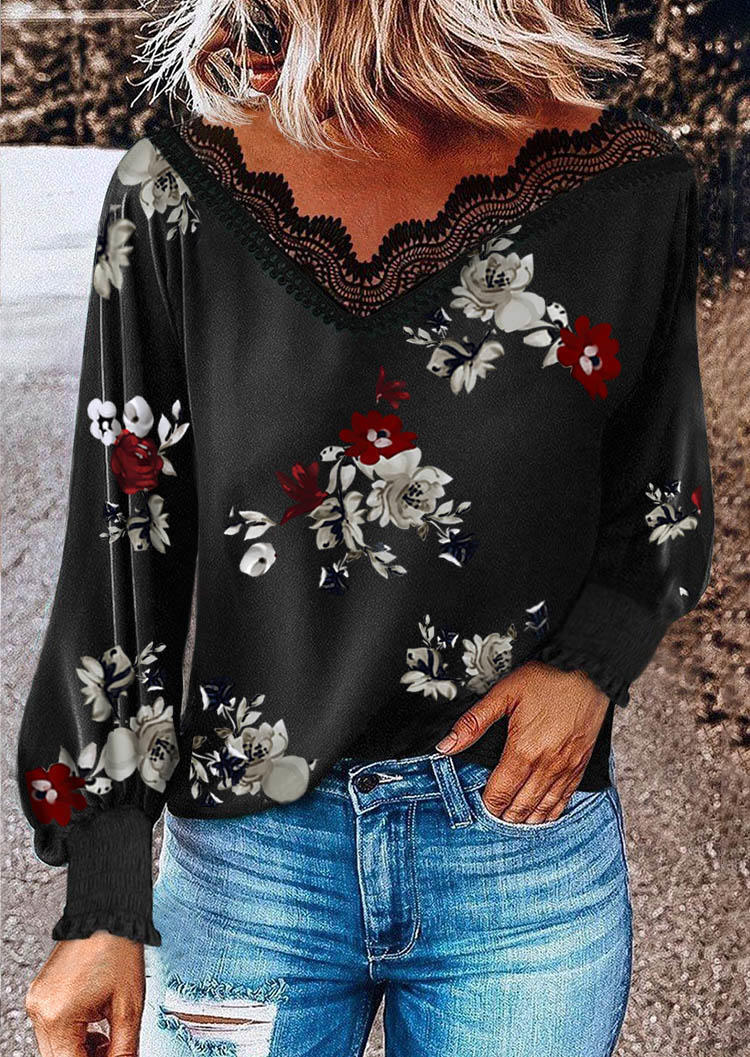 

Lace Floral Splicing Long Sleeve Blouse - Black, 511120